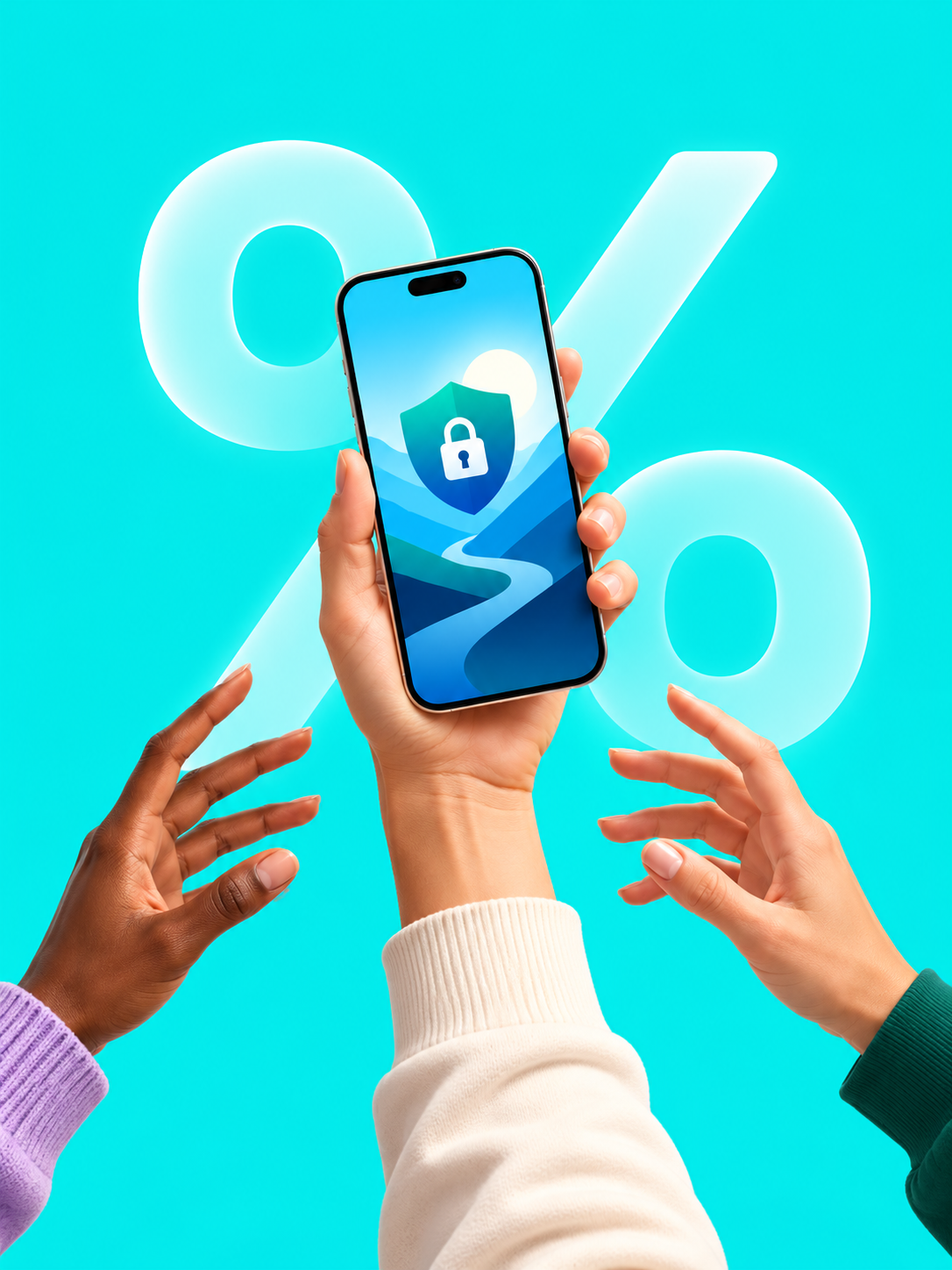 Ilustración de un teléfono y varias manos sobre fondo turquesa
